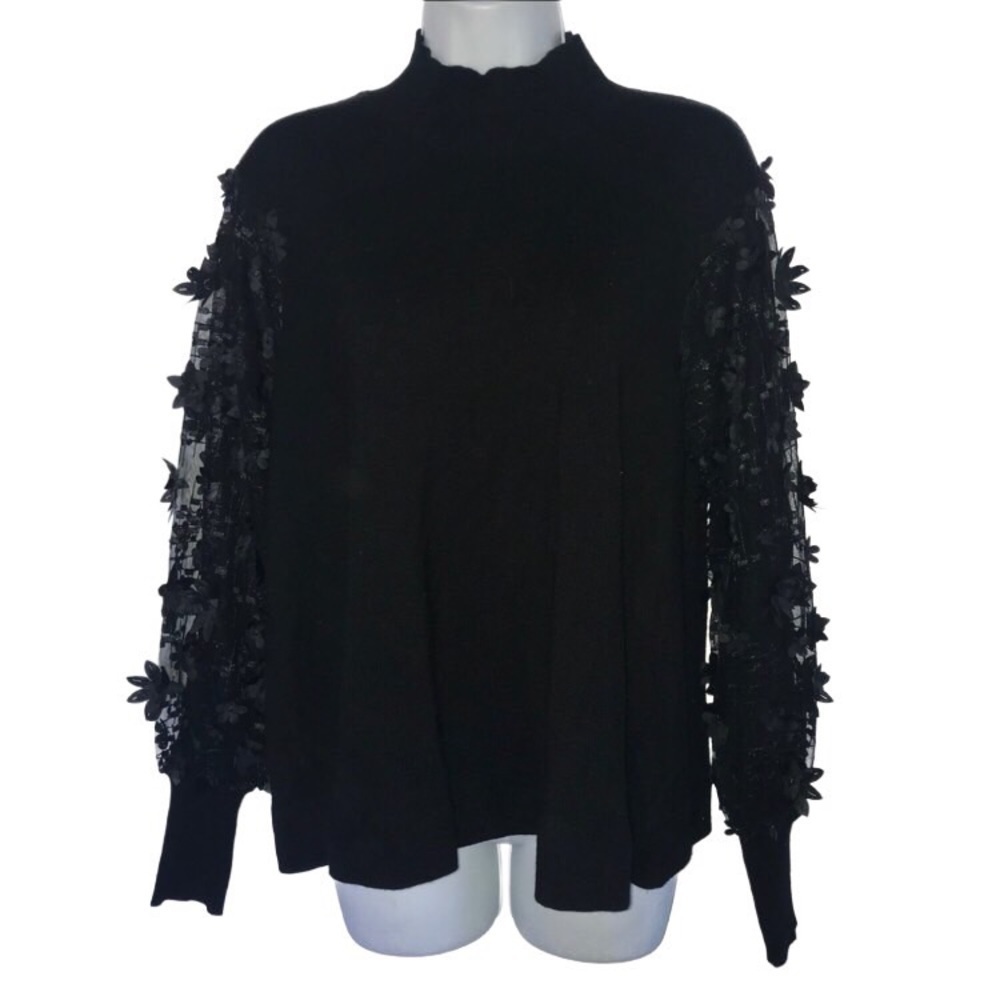 Joseph A Sheer 3D Flower Sleeve Mock TurtleNeck Women Black Sweater M*